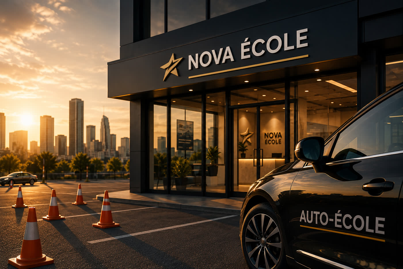 Agence NOVA Auto-École à Lyon au coucher du soleil, véhicule d'auto-école et plots d'entraînement