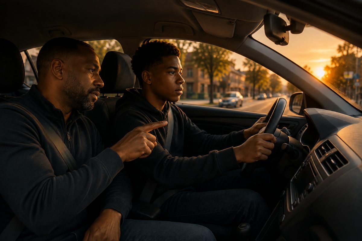 Conduite accompagnée — un proche guide un jeune conducteur au volant