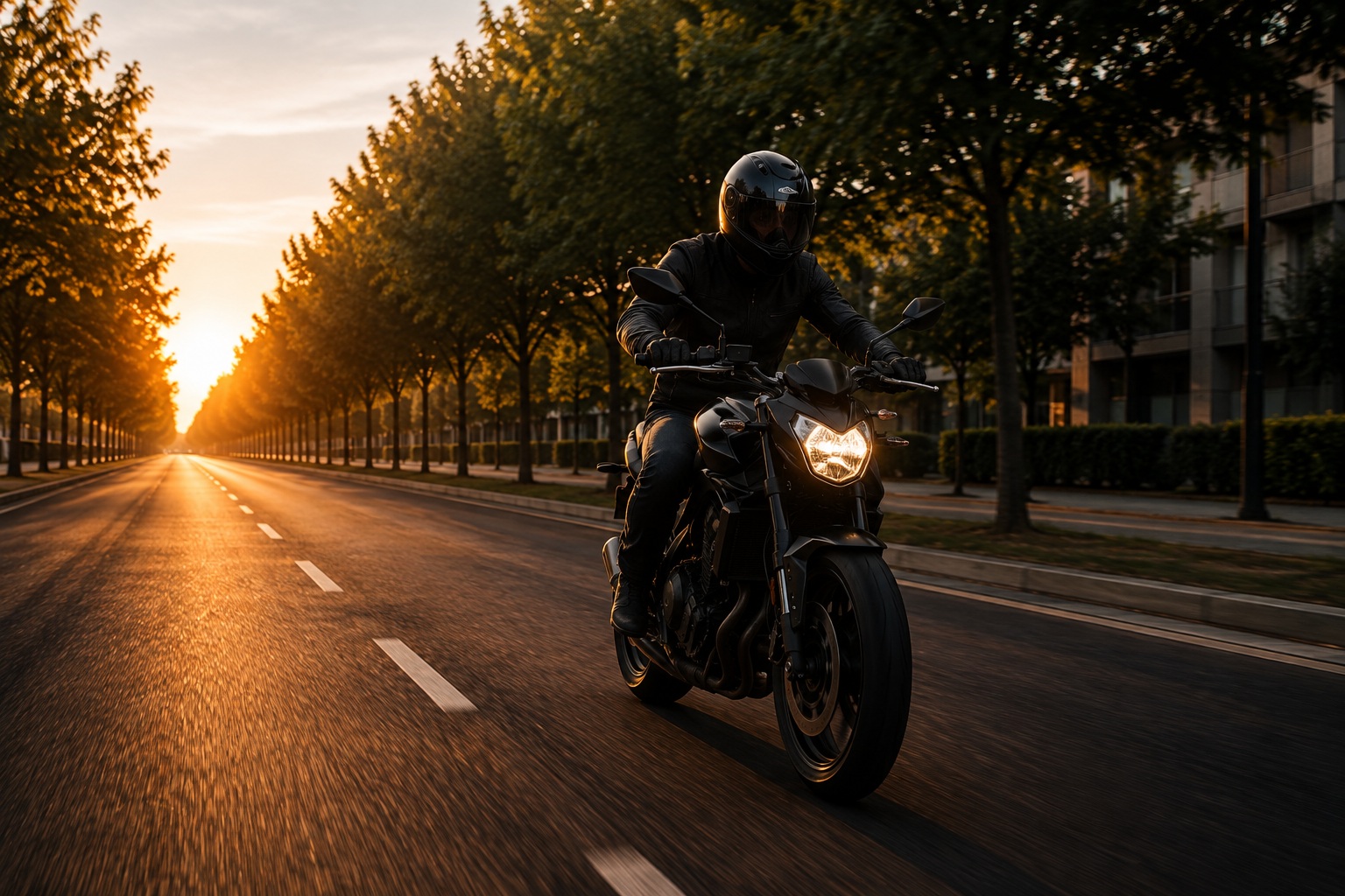 Permis moto — motard seul sur une avenue urbaine au coucher du soleil