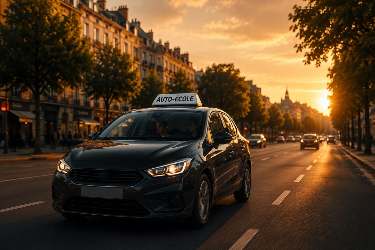Permis B — voiture auto-école sur une avenue au coucher du soleil