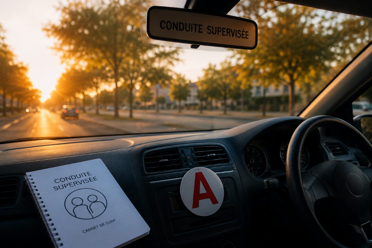 Conduite supervisée — vue depuis l'habitacle sur une avenue au coucher du soleil