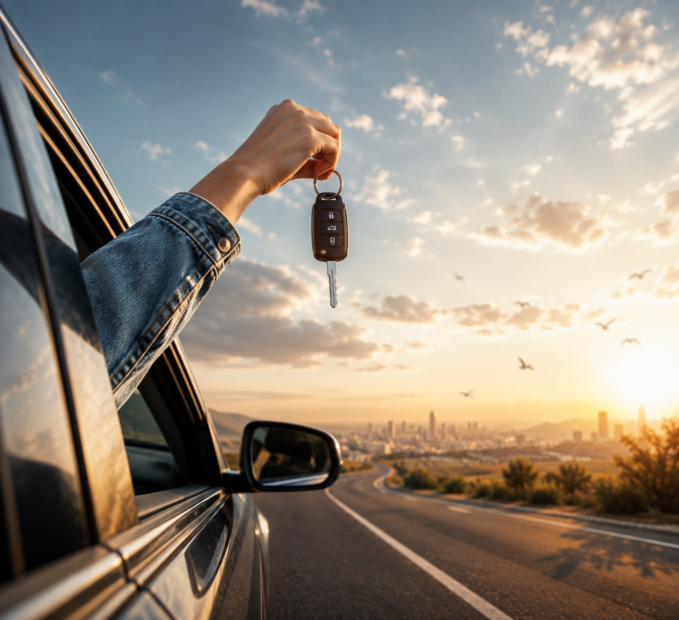 Main tenant les clés de voiture par la fenêtre au coucher du soleil, ville à l'horizon