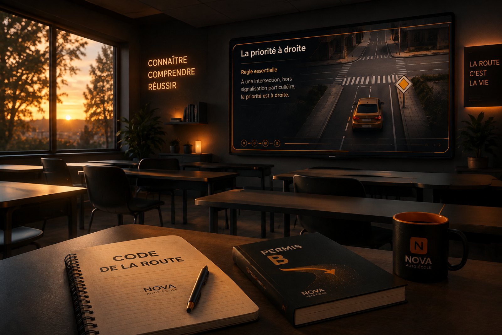Salle de code NOVA — cours de code de la route au coucher du soleil