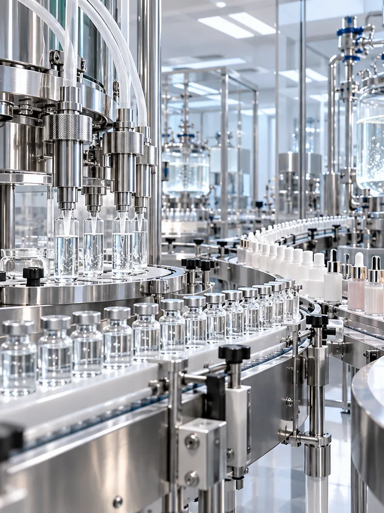 Ligne de remplissage flacons et cosmétiques en salle blanche