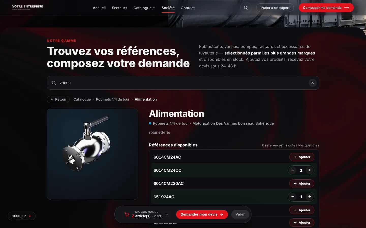 Fiche produit avec ses références et l'ajout à la demande